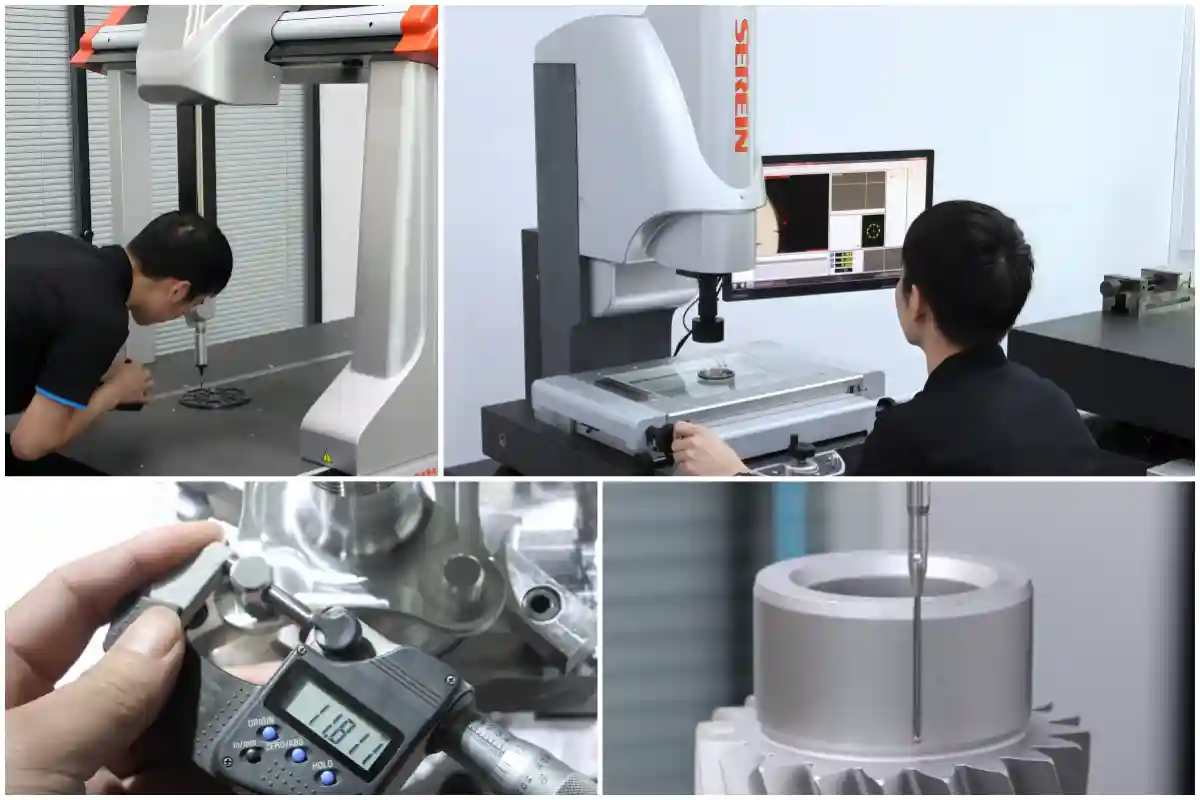 Quality engineers verifying machined parts with CMM, micrometers and height gauges